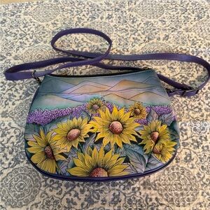 Anuschka Yellow Sunflower Hand-Painted Crossbody with Purple Strap
